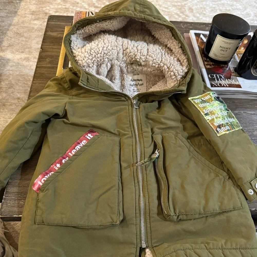 Zara Army Green Sherpa Lined Water Resistant Coat